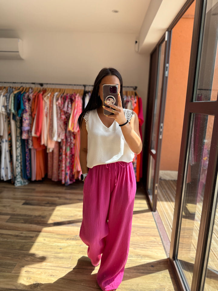 Pantalon gaze de coton fuschia CURVY