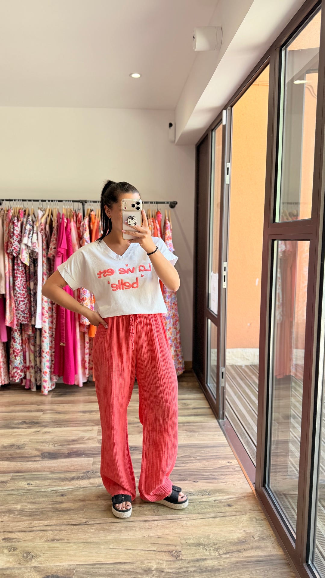 Pantalon gaze de coton corail