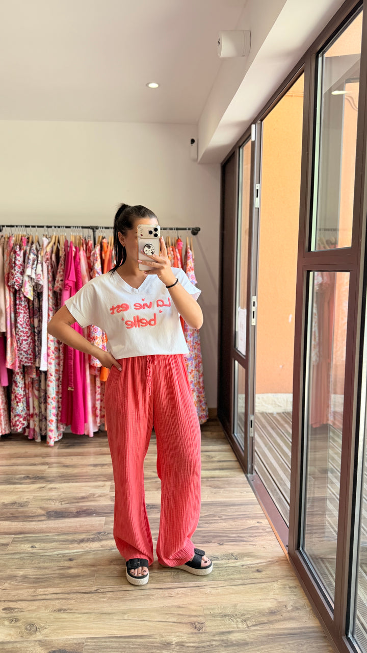 Pantalon gaze de coton corail