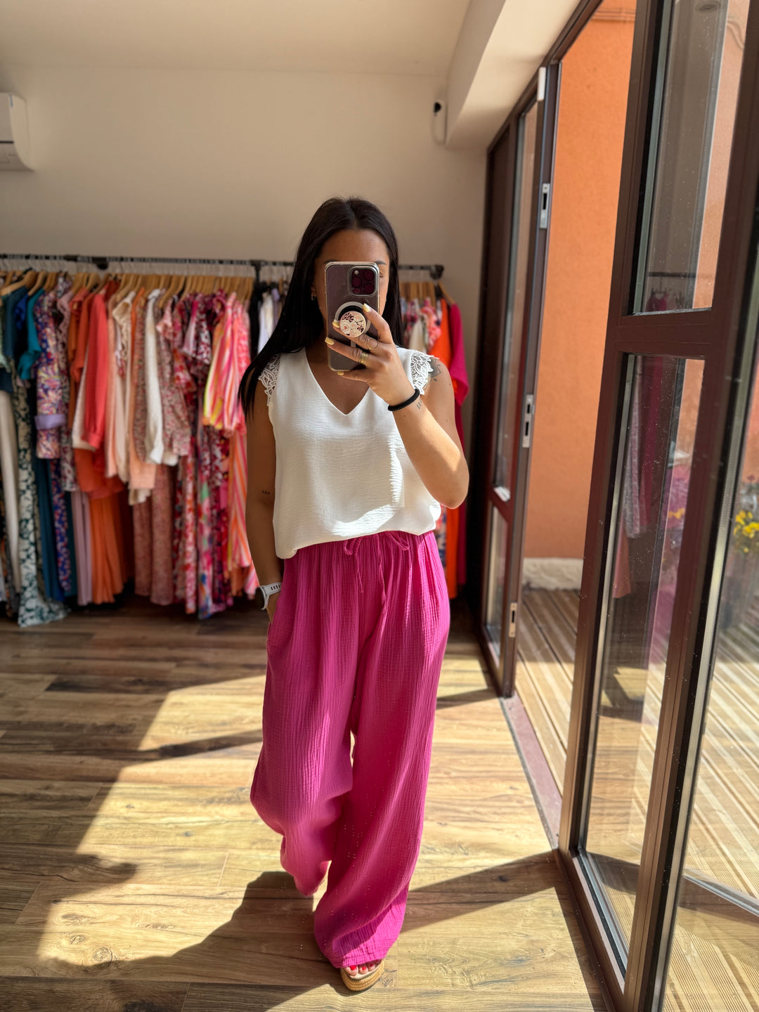 Pantalon gaze de coton fuschia CURVY