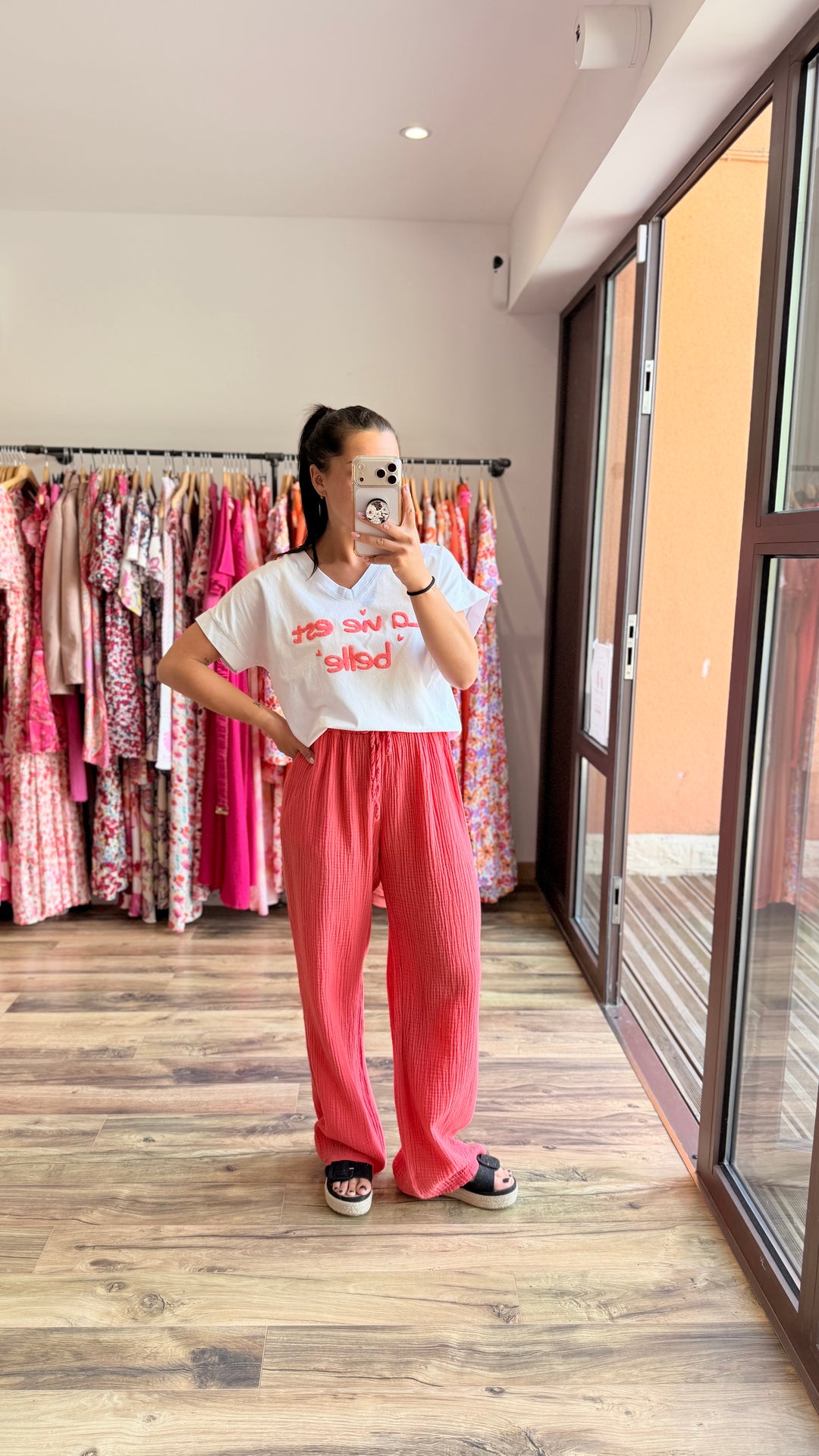 Pantalon gaze de coton corail