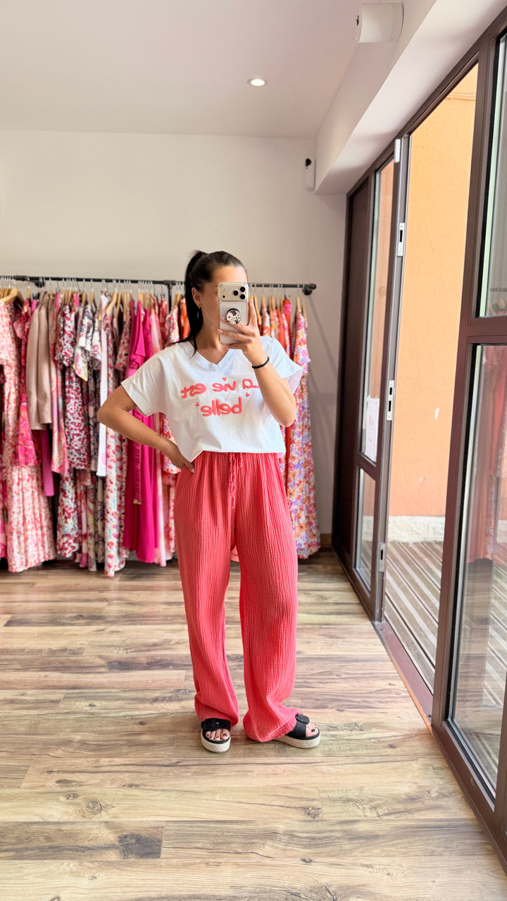 Pantalon gaze de coton corail