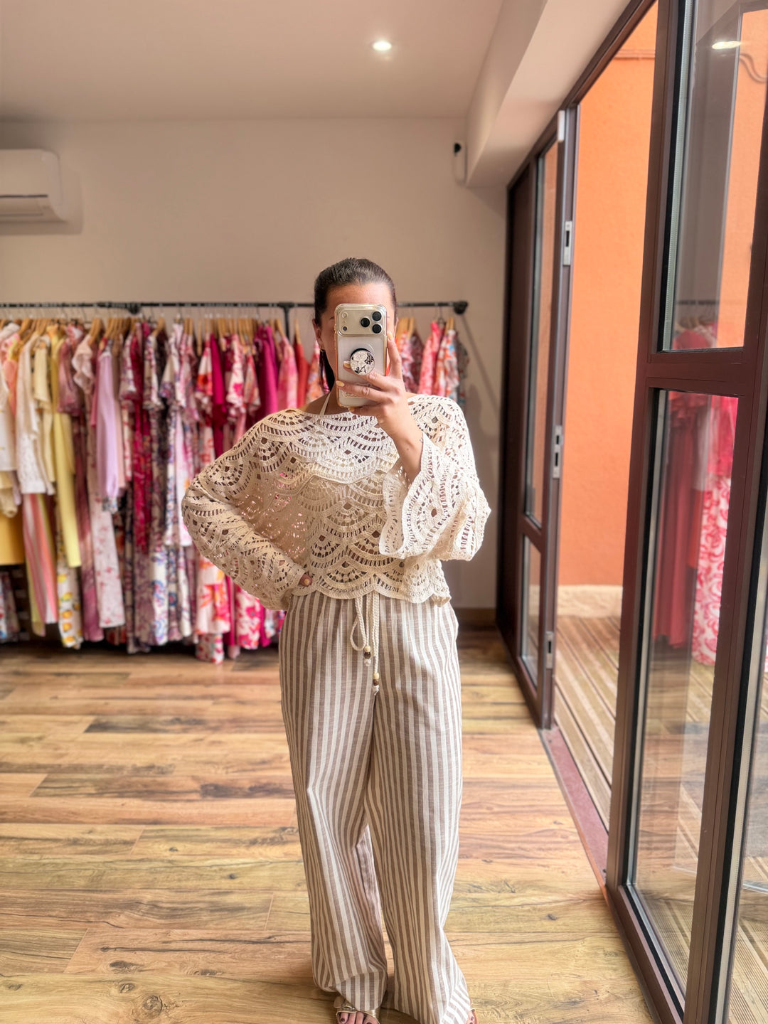 Pantalon rayé taupe lin/ coton