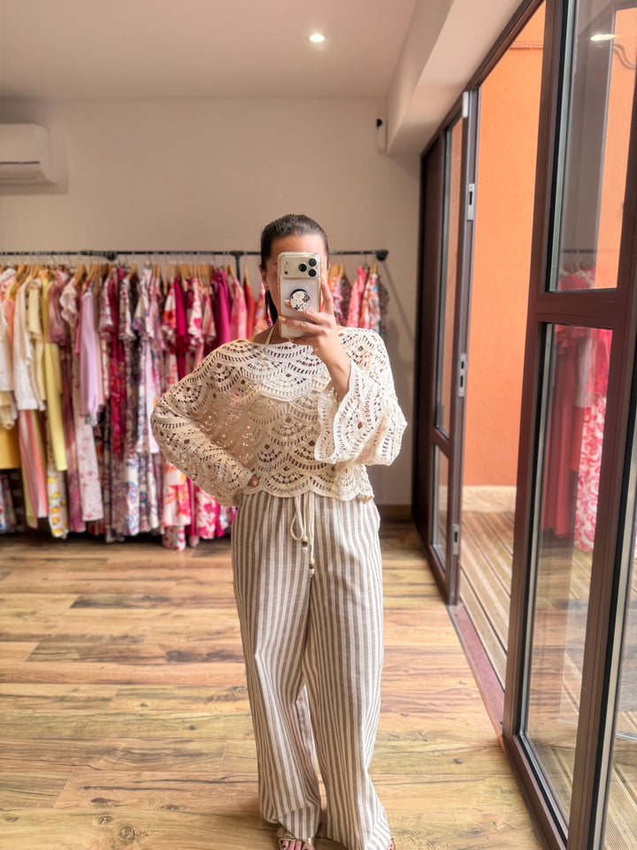 Pantalon rayé taupe lin/ coton