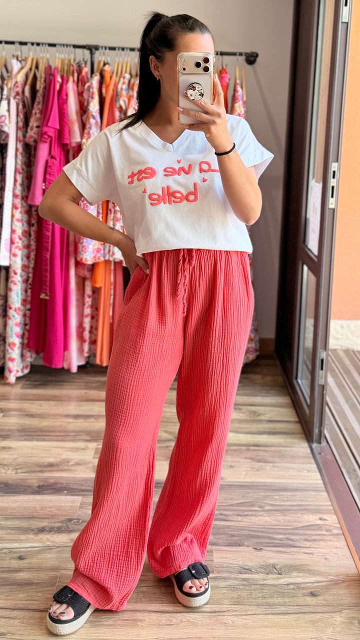 Pantalon gaze de coton corail