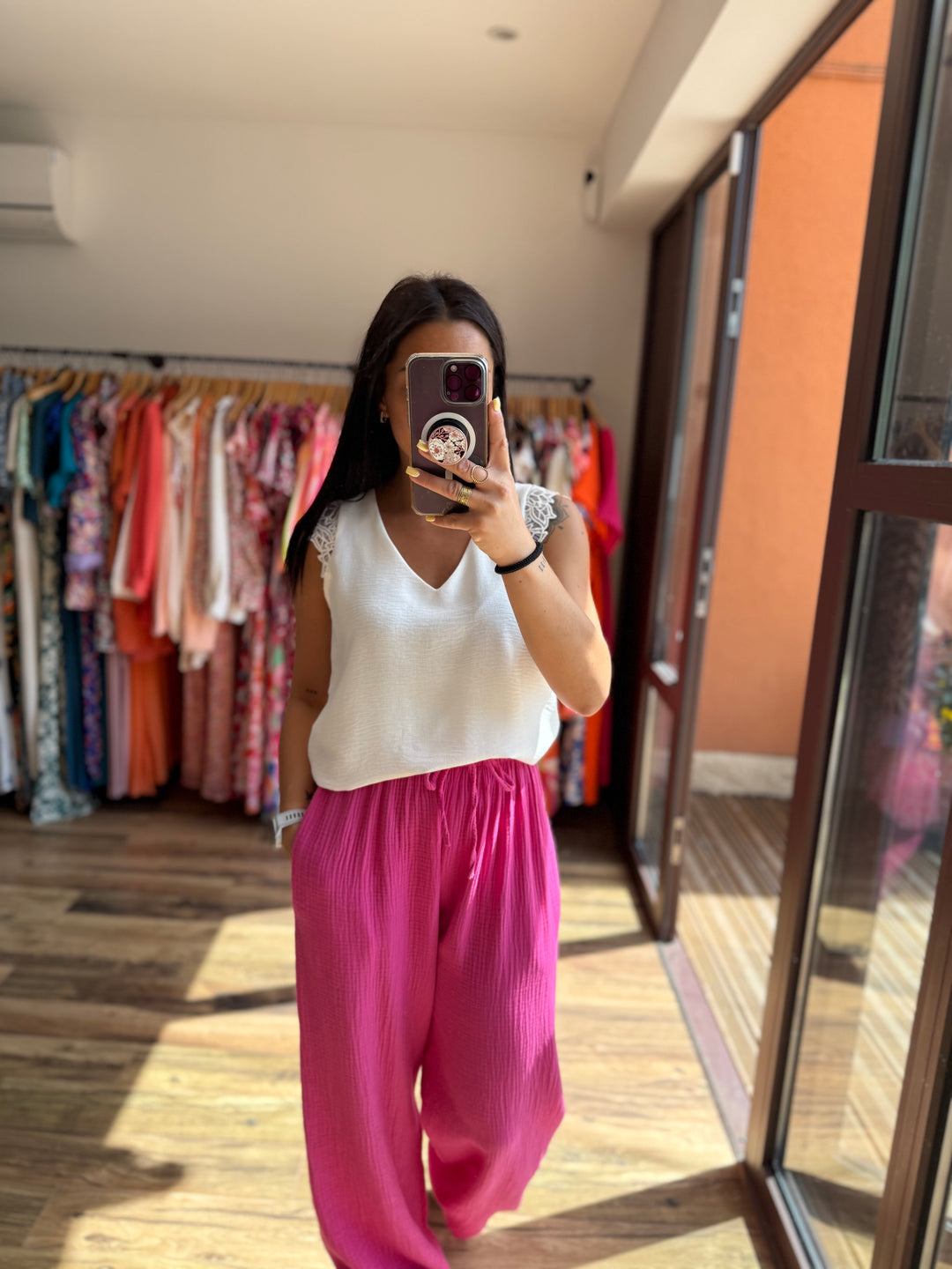 Pantalon gaze de coton fuschia CURVY