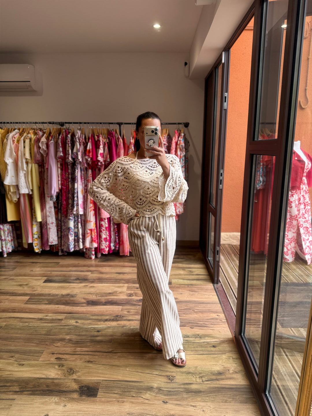 Pantalon rayé taupe lin/ coton