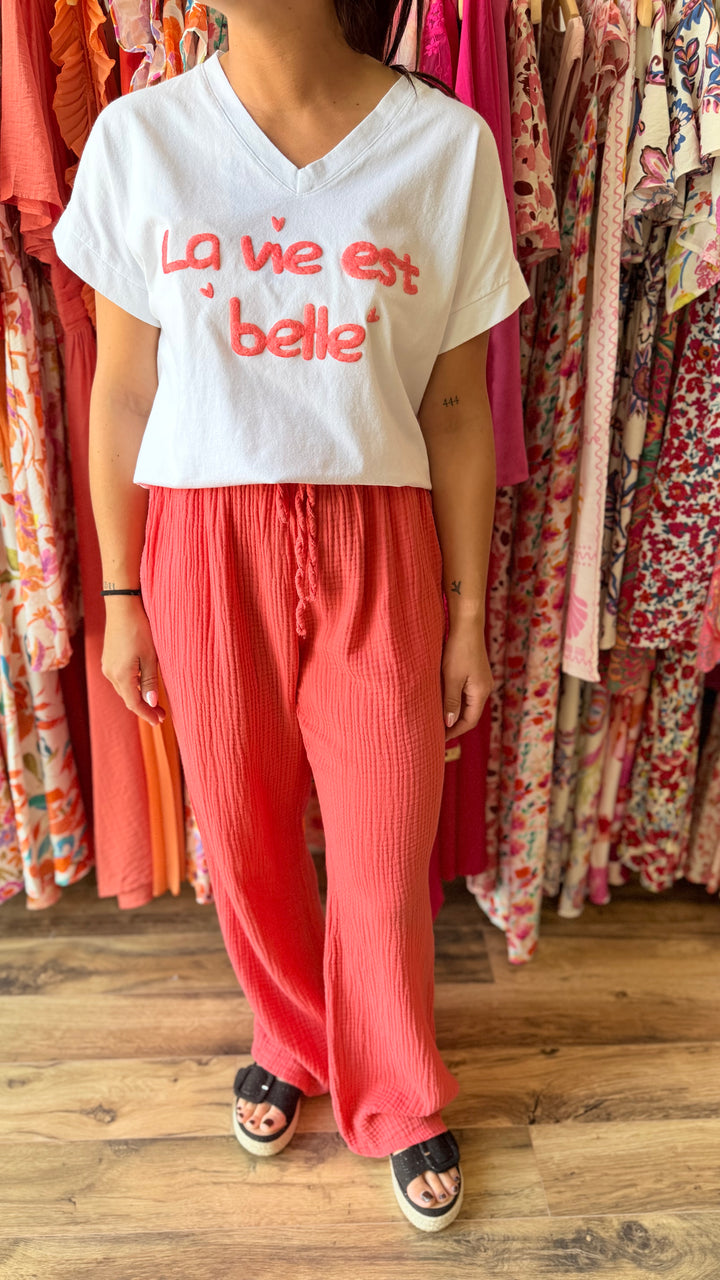 Pantalon gaze de coton corail