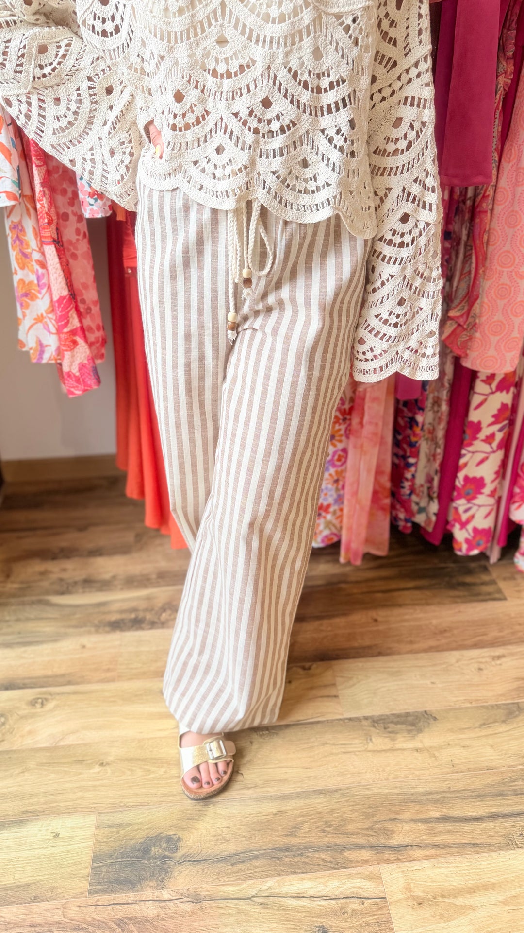 Pantalon rayé taupe lin/ coton