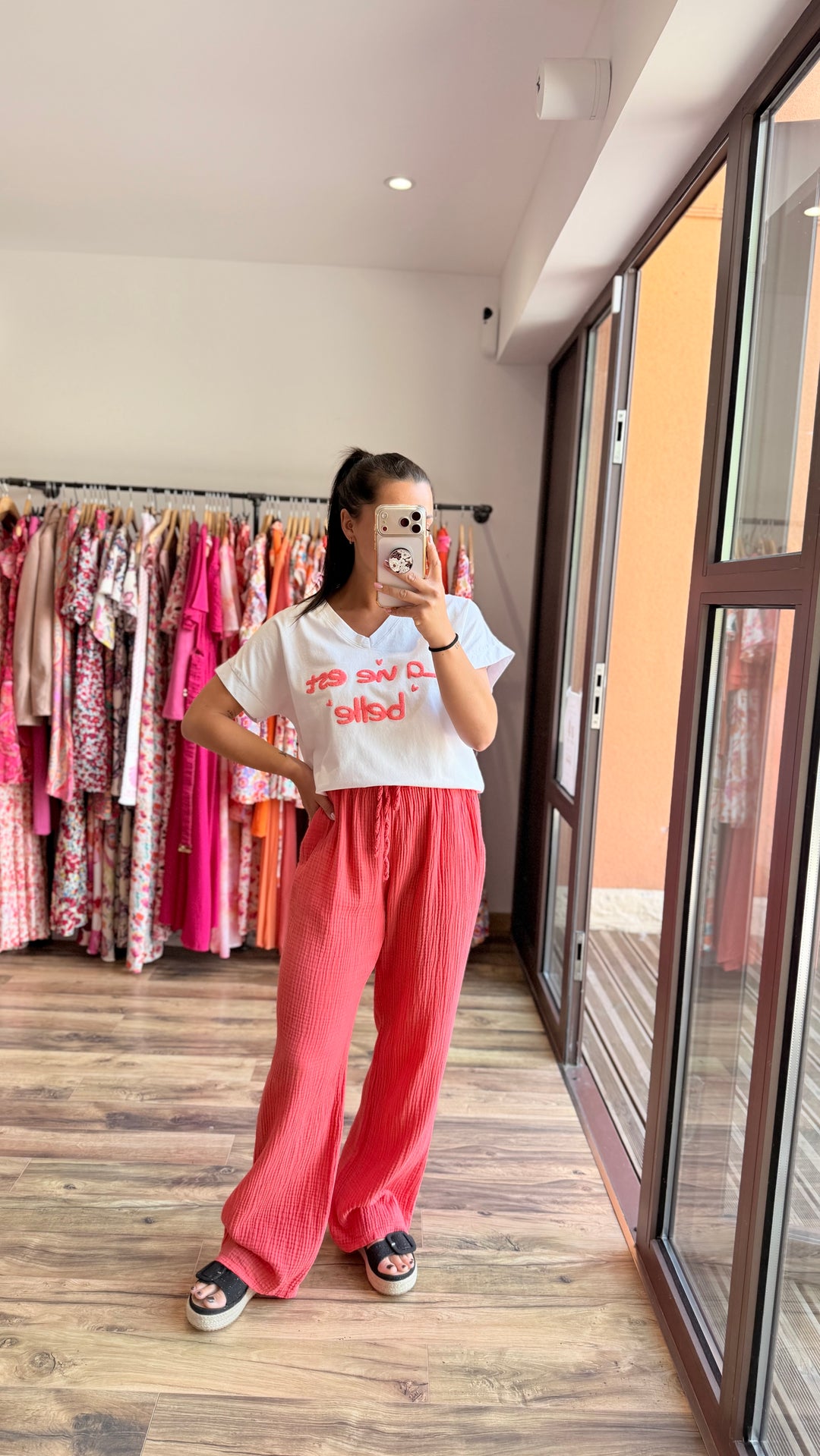Pantalon gaze de coton corail