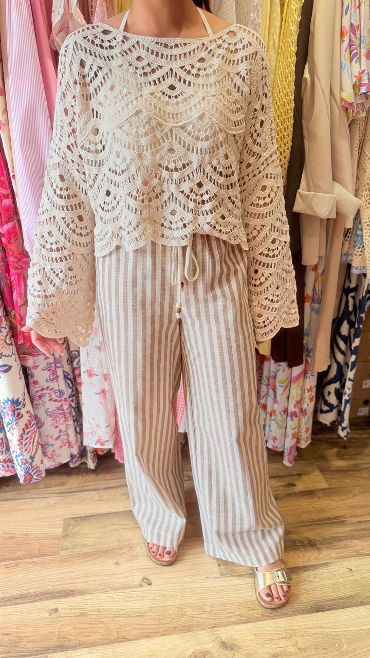 Pantalon rayé taupe lin/ coton
