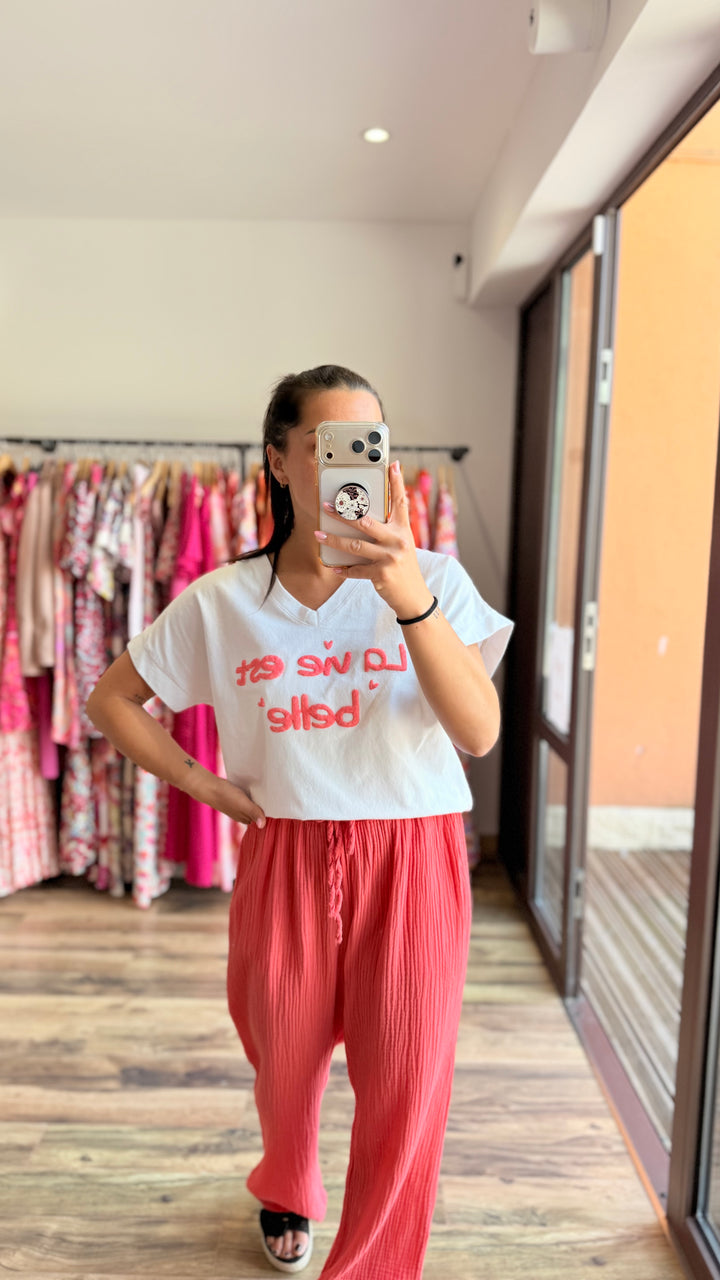 Pantalon gaze de coton corail