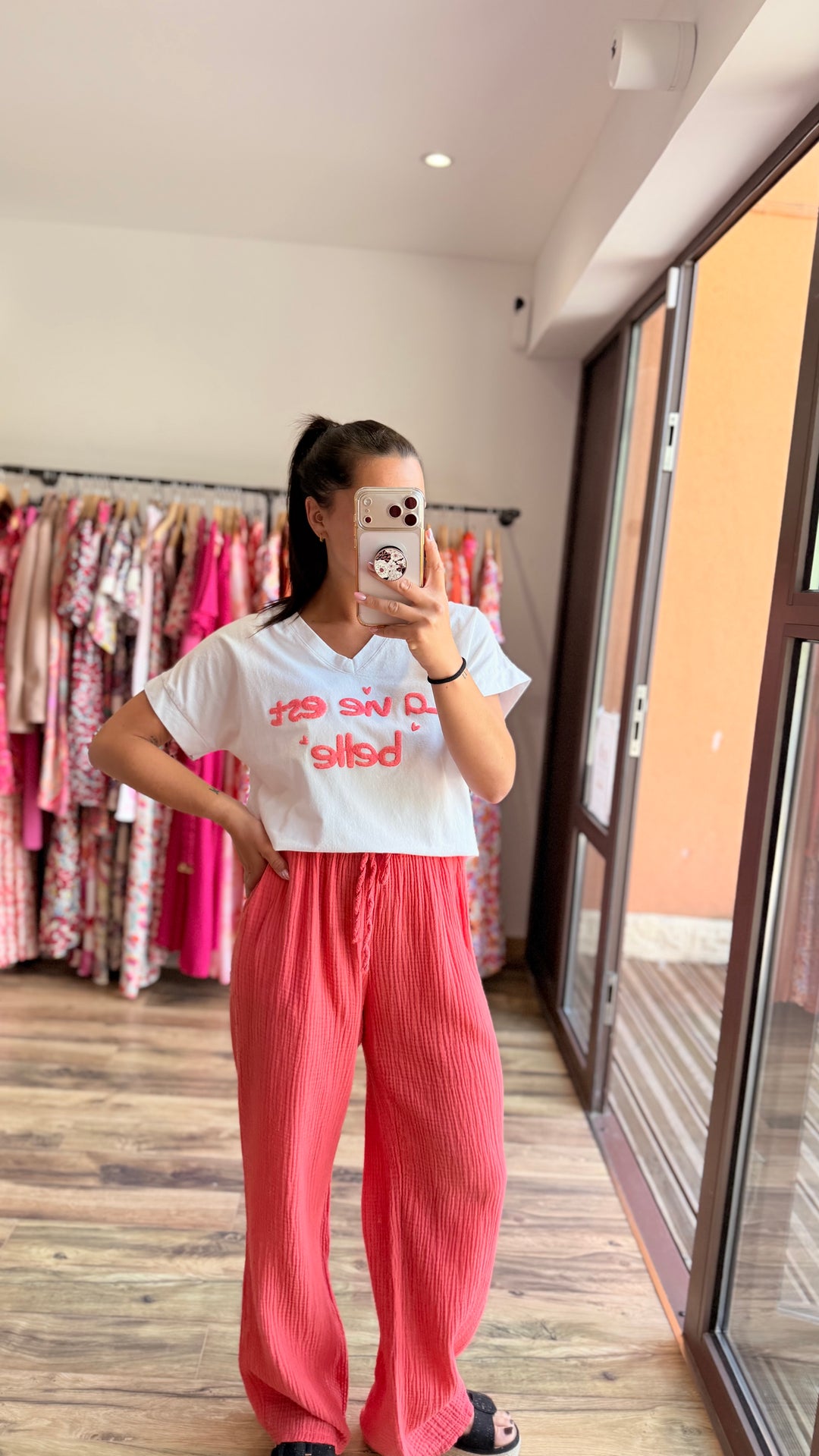 Pantalon gaze de coton corail