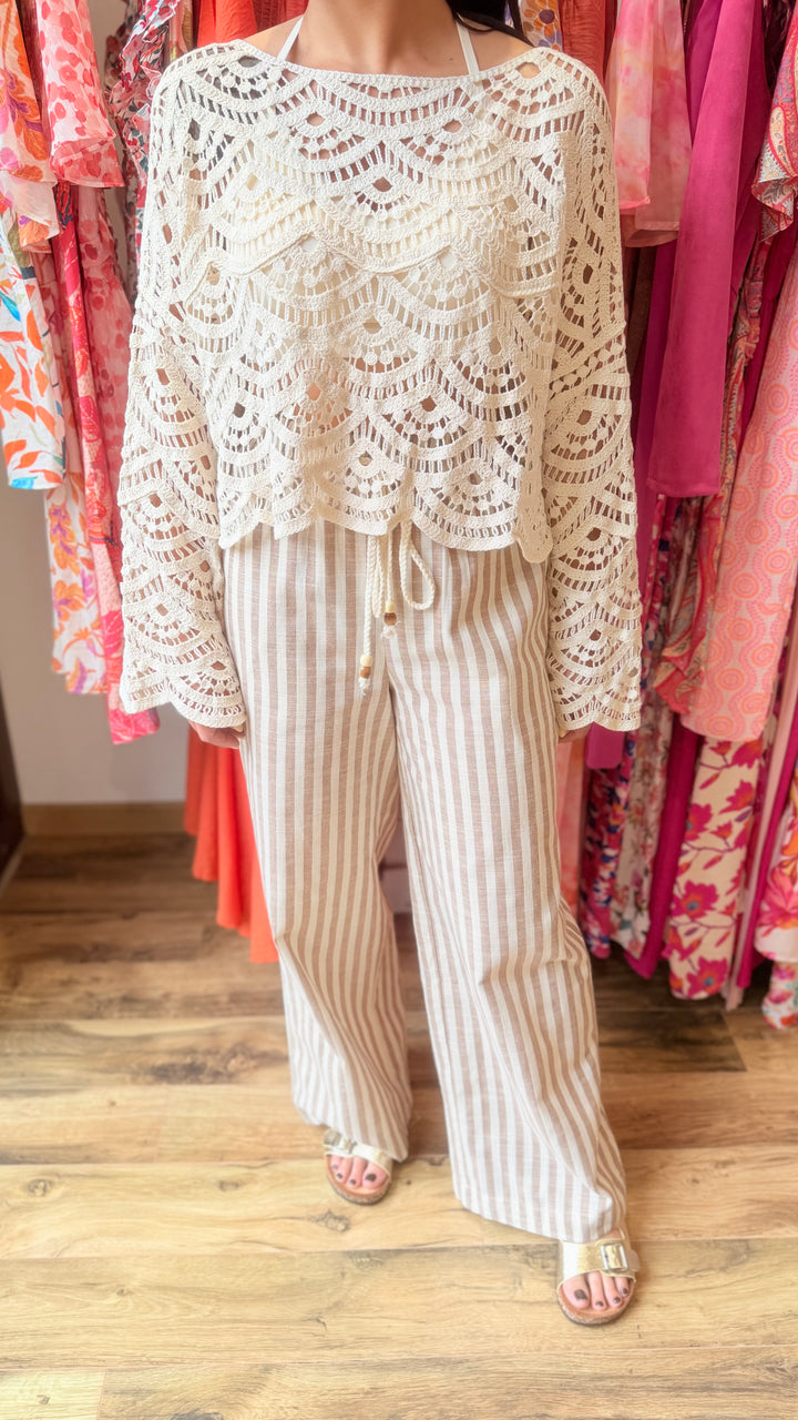 Pantalon rayé taupe lin/ coton