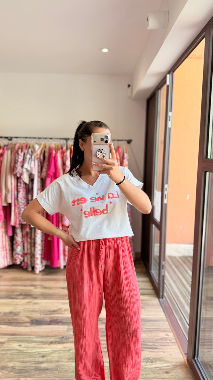 Pantalon gaze de coton corail