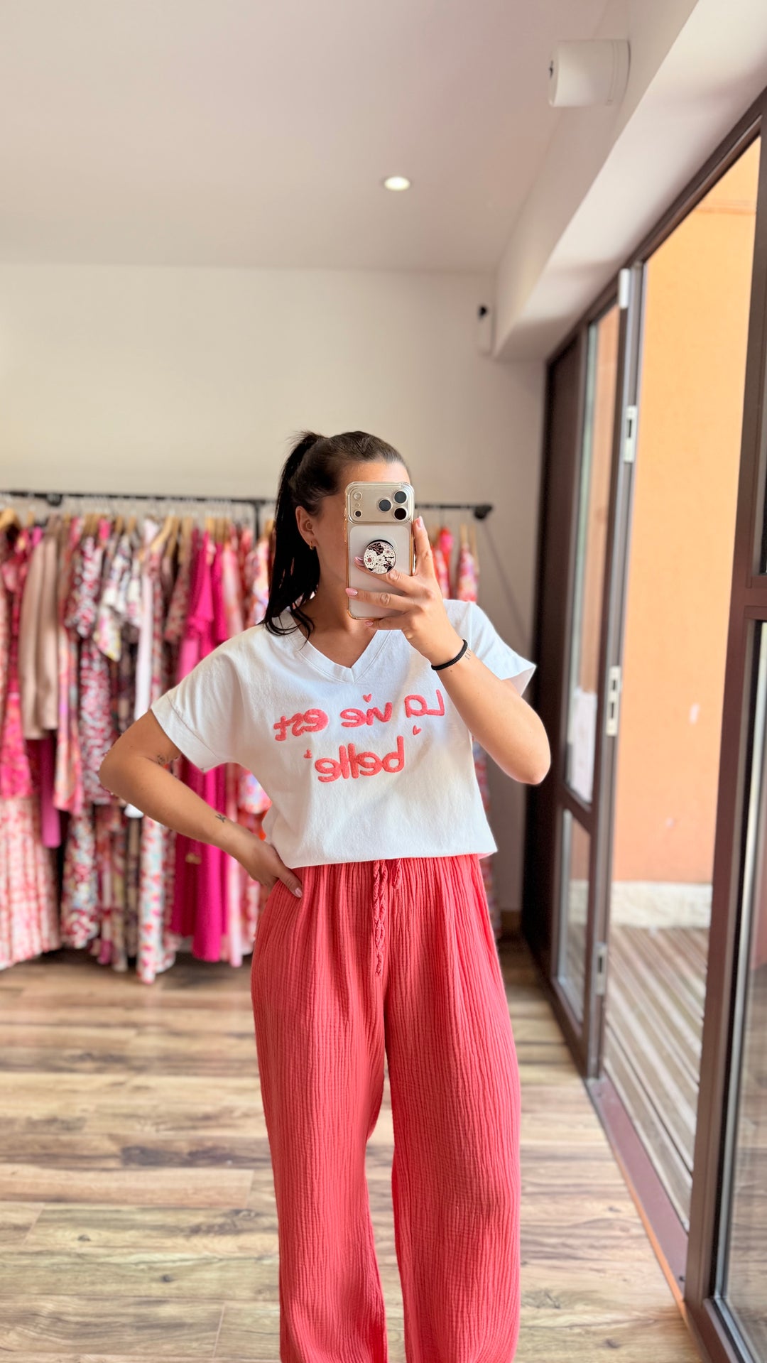 Pantalon gaze de coton corail